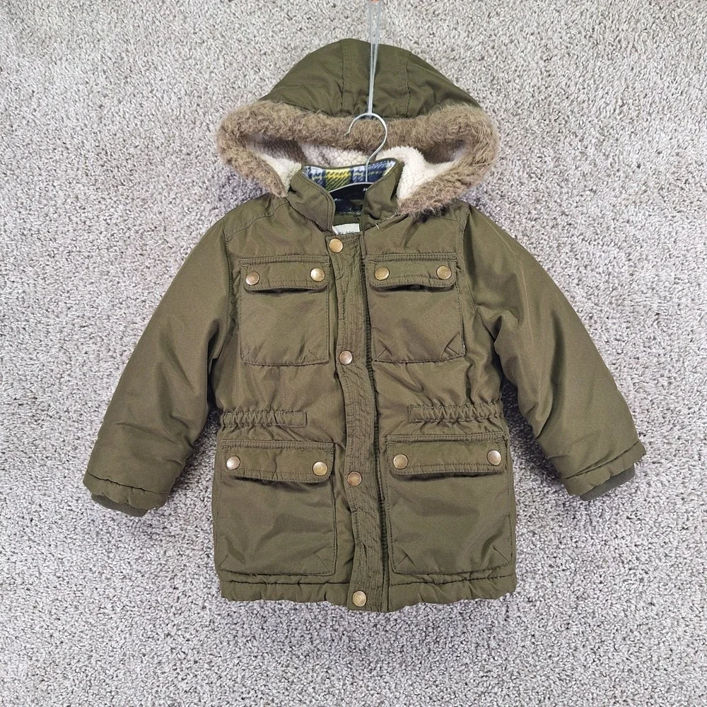 Carter's Jacket Boys S/4 Green Heavyweight Parka Faux Fur Hood Utility Winter